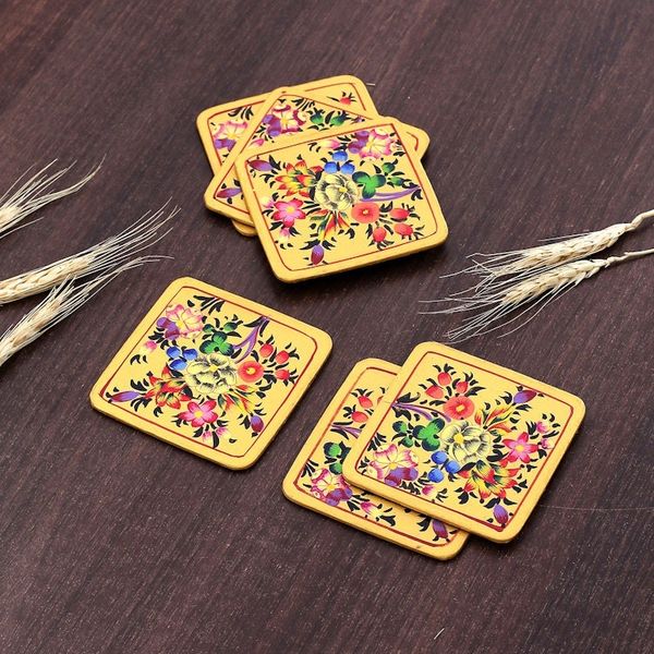 Alternate image for Set of 6 Floral Yellow Wood and Papier Mache Coasters Blooming Evening