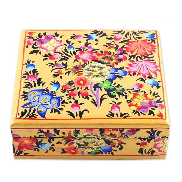 Alternate image for Set of 6 Floral Yellow Wood and Papier Mache Coasters Blooming Evening
