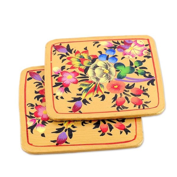 Alternate image for Set of 6 Floral Yellow Wood and Papier Mache Coasters Blooming Evening
