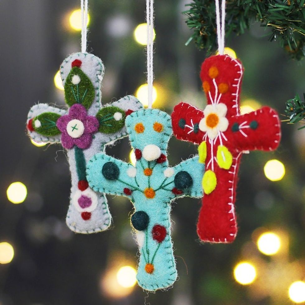 Set of 3 Colorful Floral Cross-Shaped Wool Felt Ornaments 'Colorful Faith'
