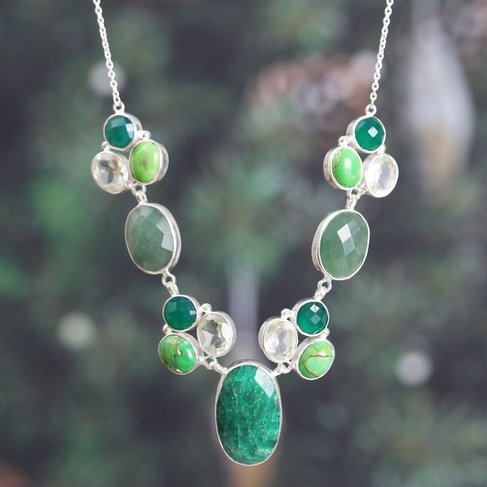 Multi-Gemstone Silver Statement Necklace in Green Shades 'Entrancing Forest'