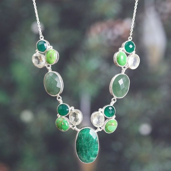 Alternate image for Multi-Gemstone Silver Statement Necklace in Green Shades Entrancing Forest