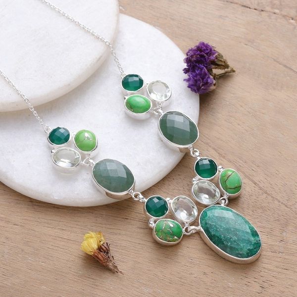 Alternate image for Multi-Gemstone Silver Statement Necklace in Green Shades Entrancing Forest