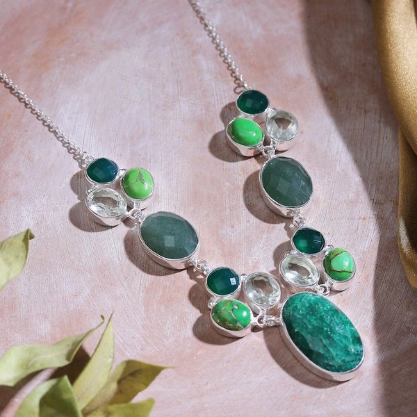 Alternate image for Multi-Gemstone Silver Statement Necklace in Green Shades Entrancing Forest
