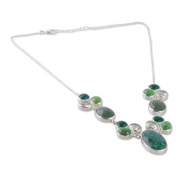 Alternate image for Multi-Gemstone Silver Statement Necklace in Green Shades Entrancing Forest