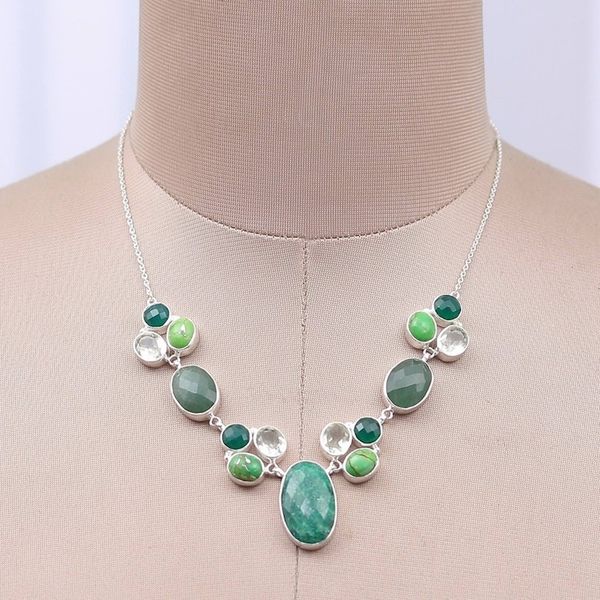 Alternate image for Multi-Gemstone Silver Statement Necklace in Green Shades Entrancing Forest