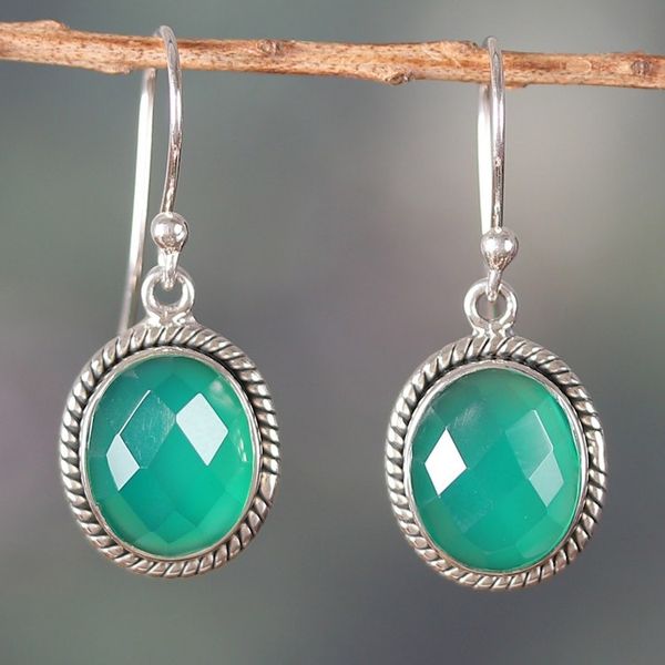Alternate image for Ten-Carat Checkerboard Green Onyx Dangle Earrings from India Abundance Call