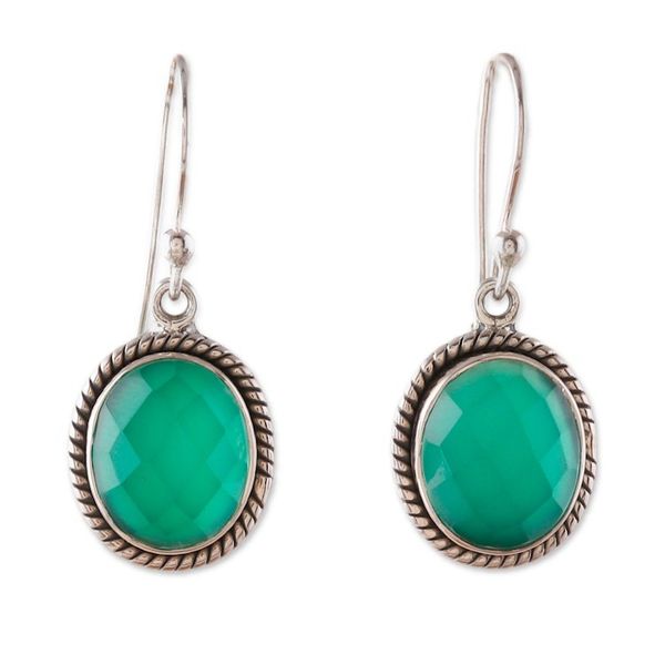 Alternate image for Ten-Carat Checkerboard Green Onyx Dangle Earrings from India Abundance Call