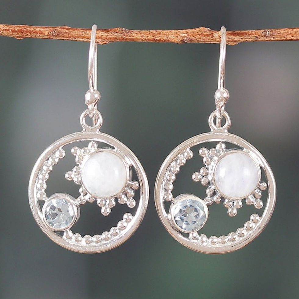 One-Carat Blue Topaz and Natural Rainbow Moonstone Earrings 'Little Harmonious World'