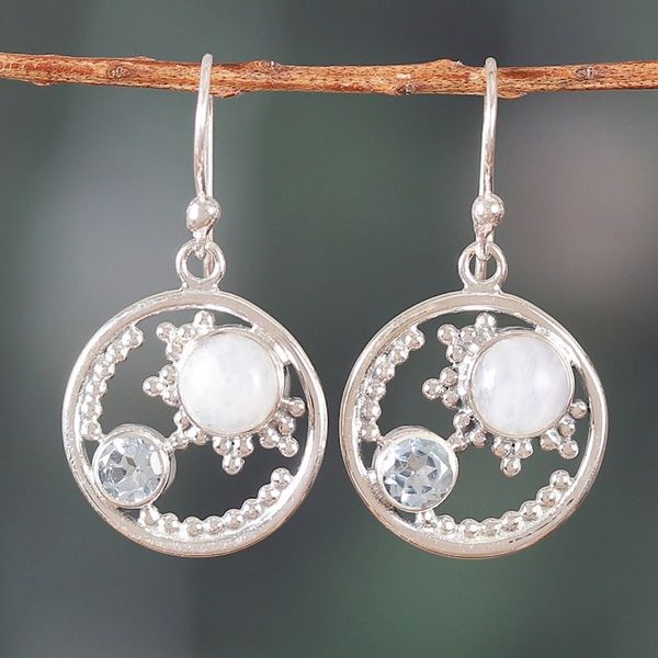 Alternate image for One-Carat Blue Topaz and Natural Rainbow Moonstone Earrings Little Harmonious World