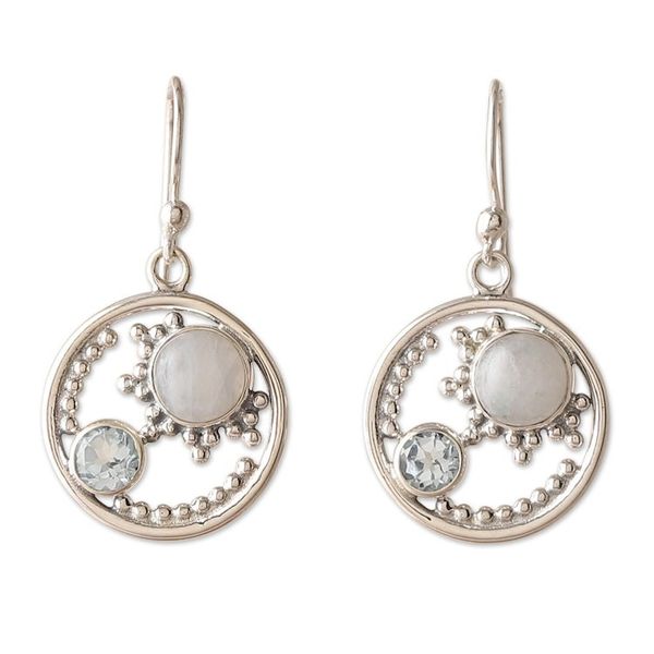 Alternate image for One-Carat Blue Topaz and Natural Rainbow Moonstone Earrings Little Harmonious World