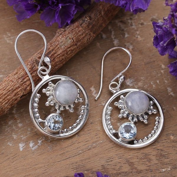 Alternate image for One-Carat Blue Topaz and Natural Rainbow Moonstone Earrings Little Harmonious World