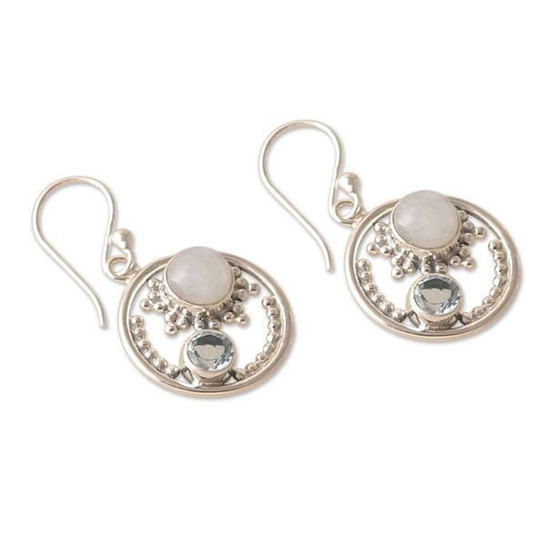 Alternate image for One-Carat Blue Topaz and Natural Rainbow Moonstone Earrings Little Harmonious World