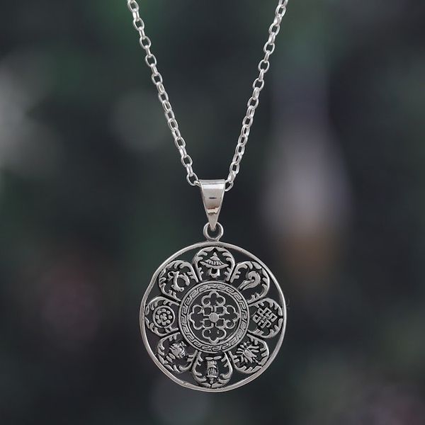 Alternate image for Tibetan-Inspired Classic Sterling Silver Pendant Necklace Lucky Signs