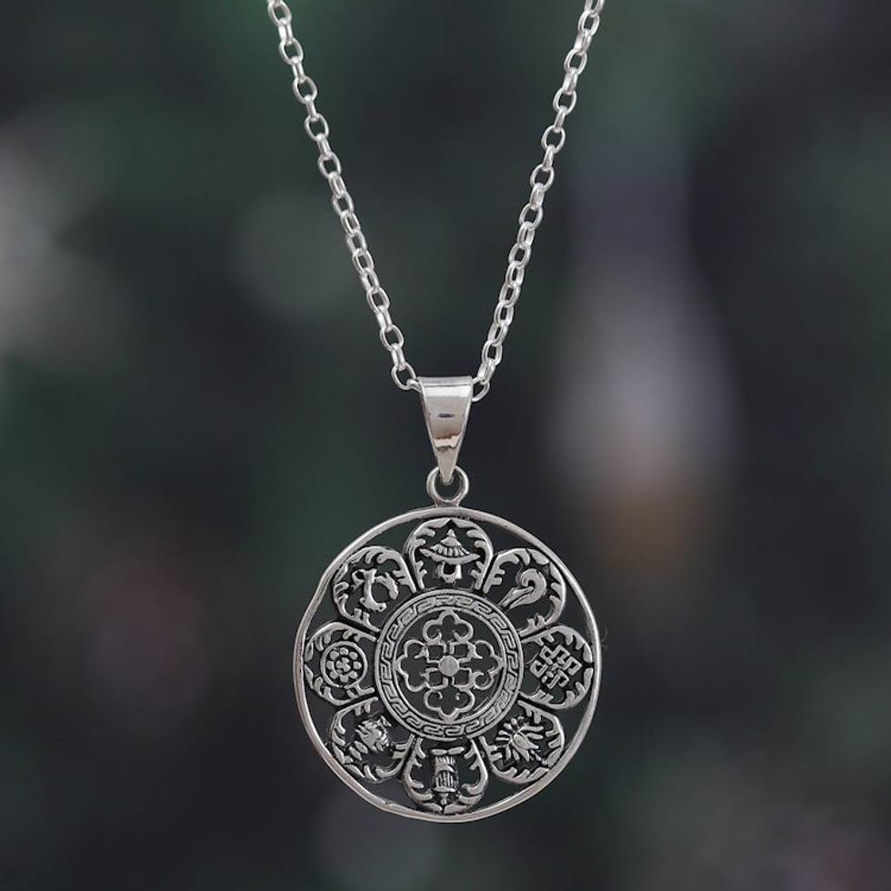 Tibetan-Inspired Classic Sterling Silver Pendant Necklace 'Lucky Signs'