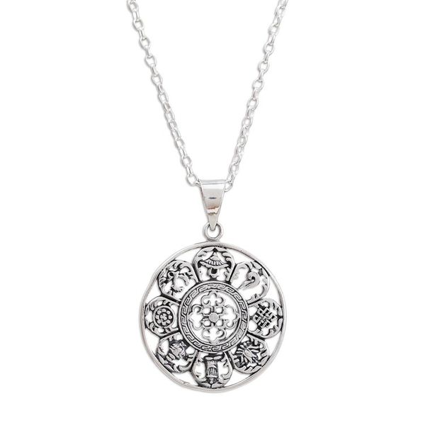 Alternate image for Tibetan-Inspired Classic Sterling Silver Pendant Necklace Lucky Signs