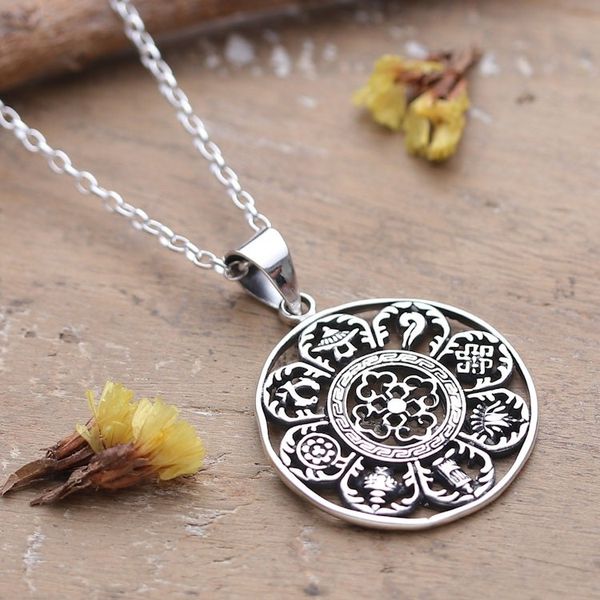 Alternate image for Tibetan-Inspired Classic Sterling Silver Pendant Necklace Lucky Signs