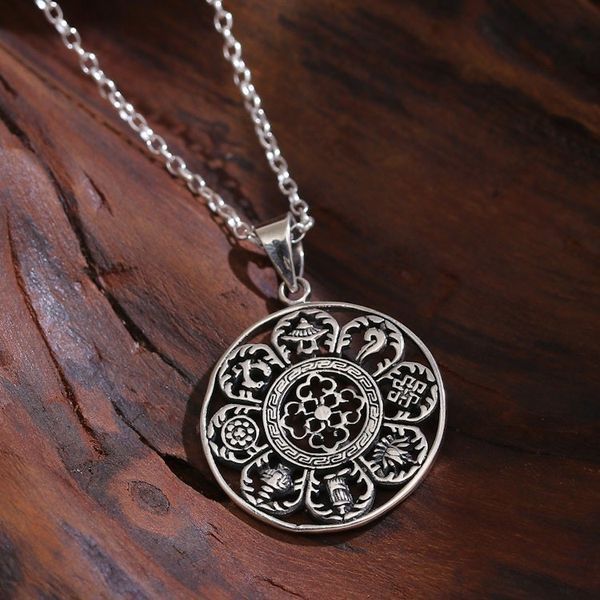 Alternate image for Tibetan-Inspired Classic Sterling Silver Pendant Necklace Lucky Signs