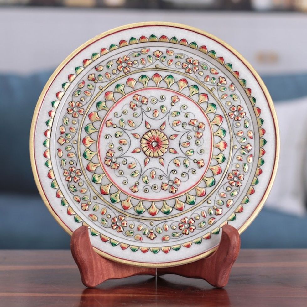 Floral and Leafy Red and Green Marble Decorative Plate 'Marvels of Spring'