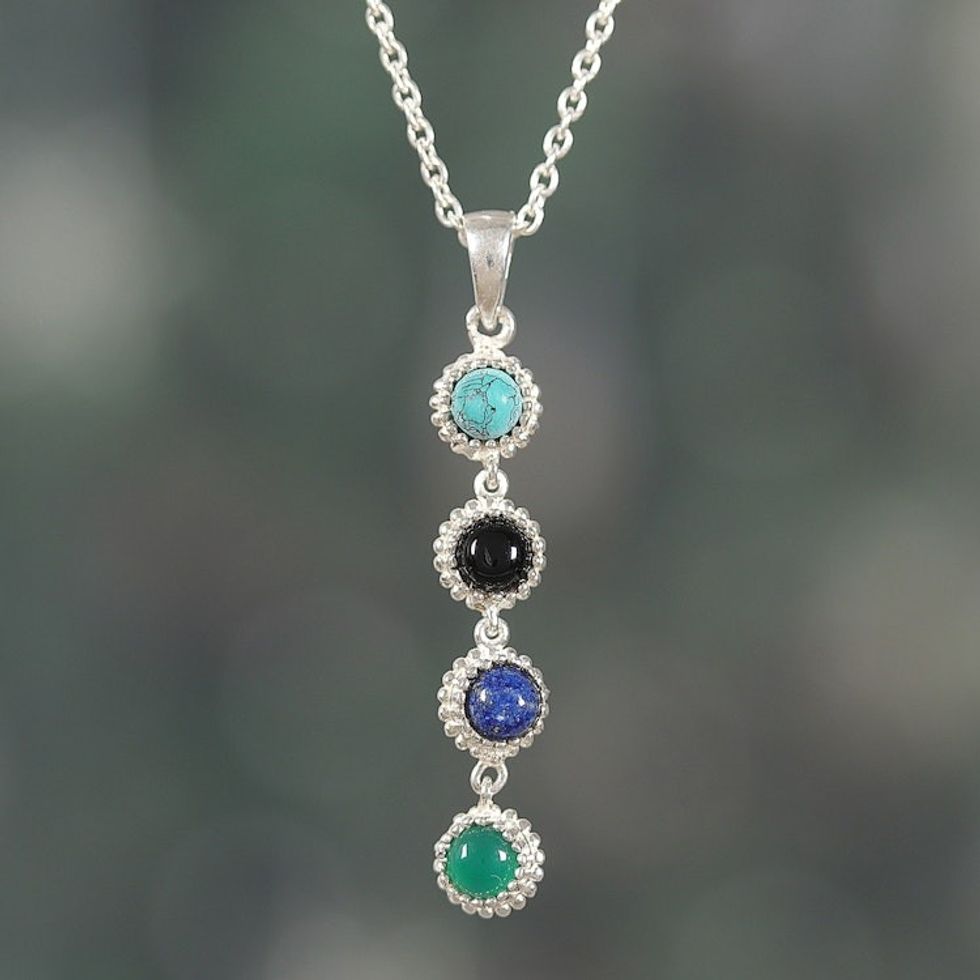 High-Polished Multi-Gemstone Pendant Necklace from India 'Four Miracles'