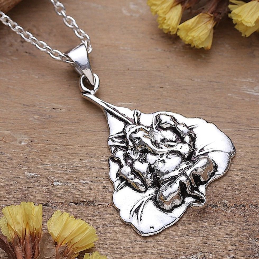 Cultural Leafy Ganesha Sterling Silver Pendant Necklace 'Leafy Ganesha'