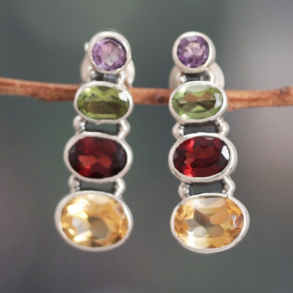 Four-Carat Faceted Multi-Gemstone Drop Earrings from India 'Stairs to Glory'