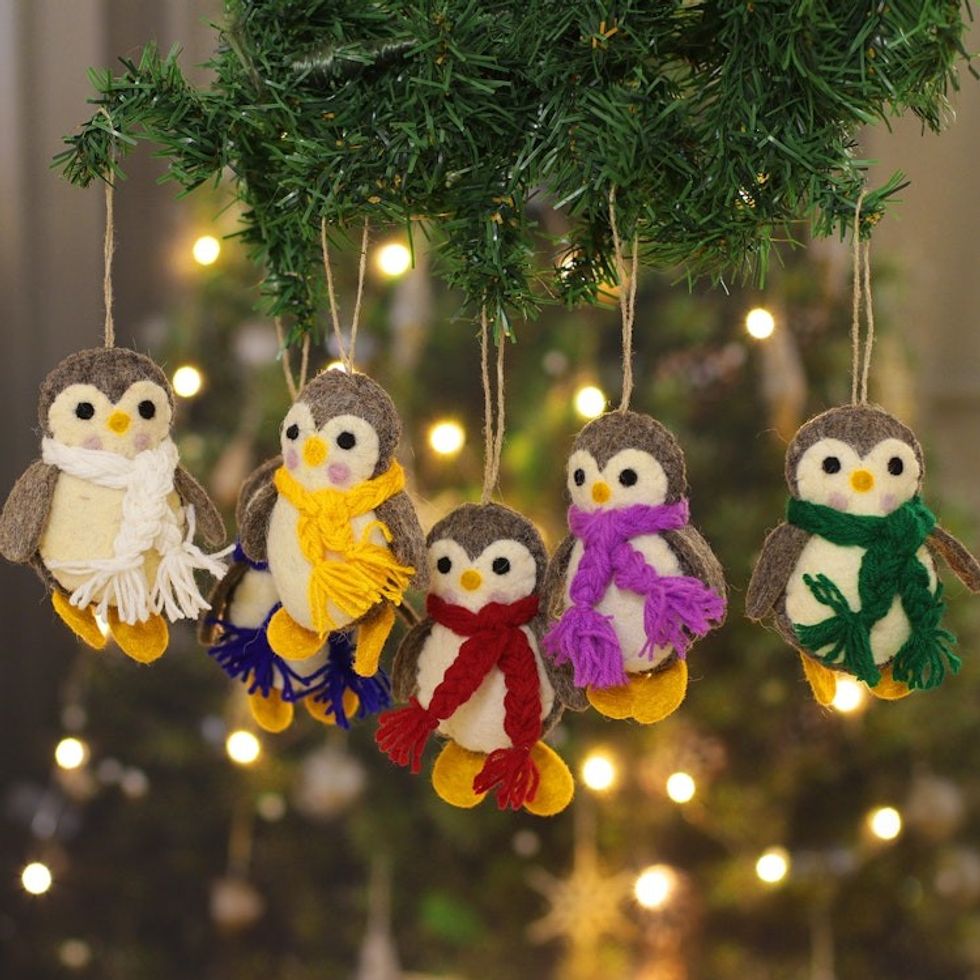 Set of 6 Handcrafted Christmas Wool Felt Penguin Ornaments 'Playful Penguins'