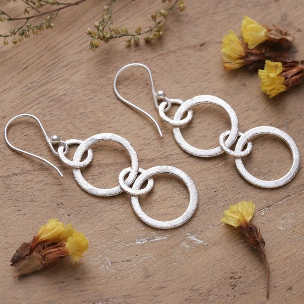 Textured Modern Sterling Silver Dangle Earrings from India 'Dancing Cycles'
