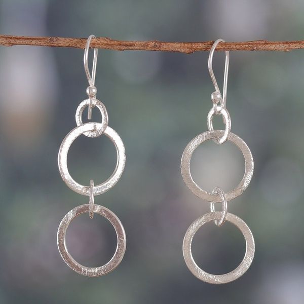 Alternate image for Textured Modern Sterling Silver Dangle Earrings from India Dancing Cycles