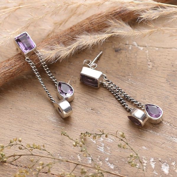 Alternate image for Five-Carat Faceted Amethyst Dangle Earrings from India Lilac Tale