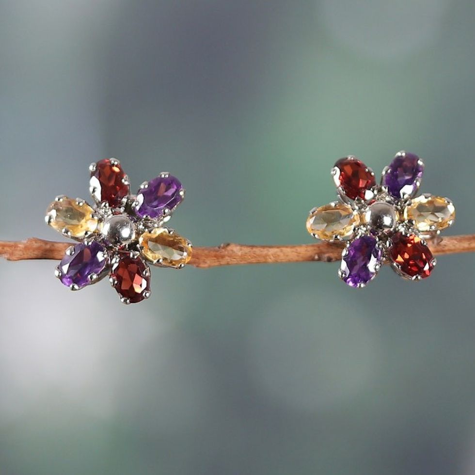 Floral Rhodium-Plated 6-Carat Multi-Gemstone Button Earrings 'Dream Petals'