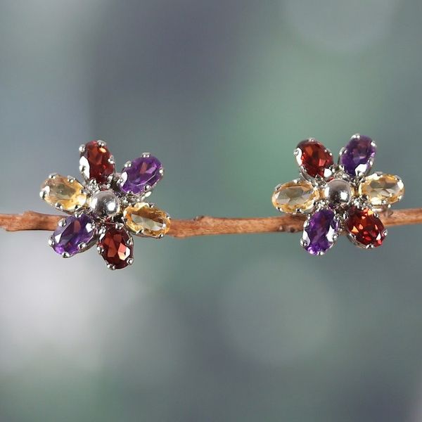 Alternate image for Floral Rhodium-Plated 6-Carat Multi-Gemstone Button Earrings Dream Petals