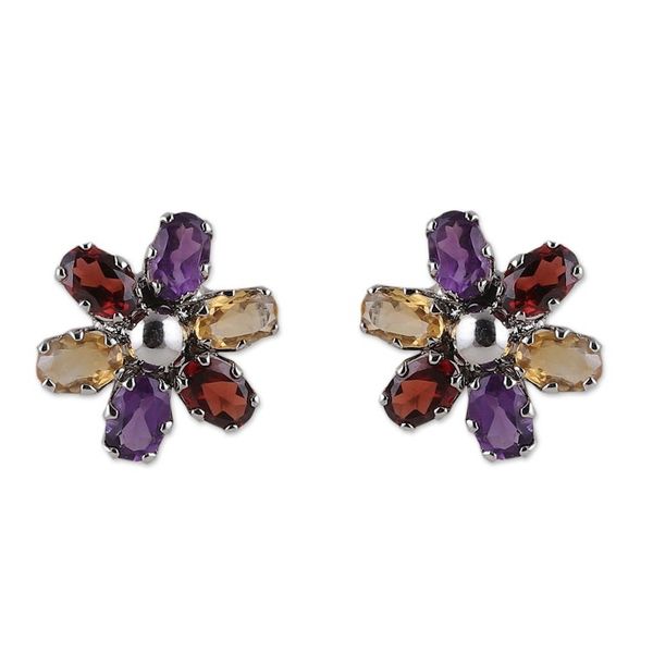 Alternate image for Floral Rhodium-Plated 6-Carat Multi-Gemstone Button Earrings Dream Petals