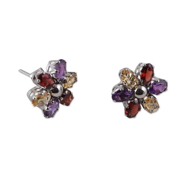Alternate image for Floral Rhodium-Plated 6-Carat Multi-Gemstone Button Earrings Dream Petals