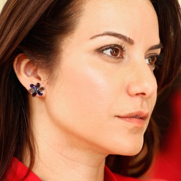 Alternate image for Floral Rhodium-Plated 6-Carat Multi-Gemstone Button Earrings Dream Petals