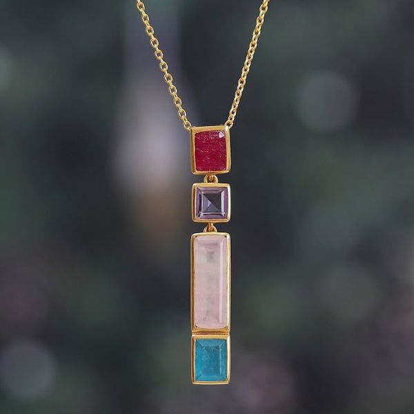 Alternate image for Polished 18k Gold-Plated Multi-Gemstone Pendant Necklace Vibrant Me