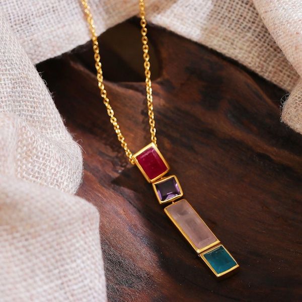 Alternate image for Polished 18k Gold-Plated Multi-Gemstone Pendant Necklace Vibrant Me