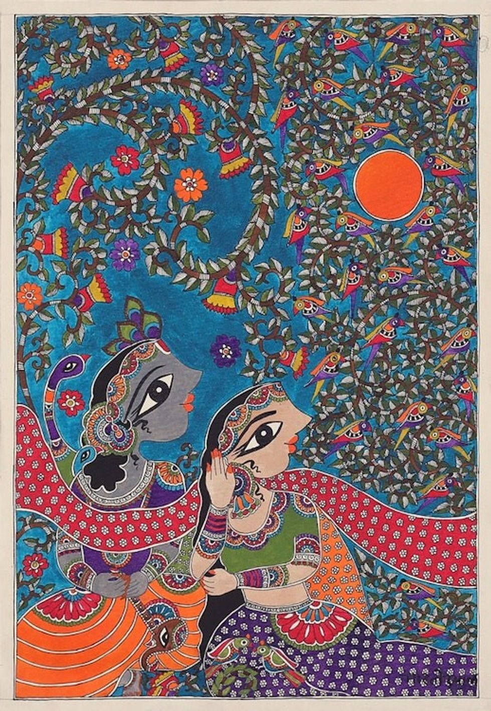 Acrylic and Vegetable Dye Madhubani Painting of Krishna 'Magical Melody of Krishna'