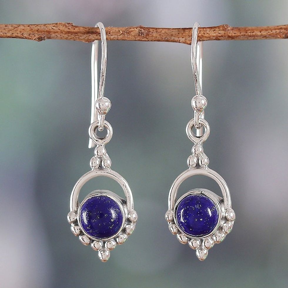 Polished Lapis Lazuli Cabochon Dangle Earrings from India 'Intellectual Allure'