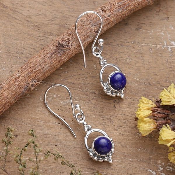 Alternate image for Polished Lapis Lazuli Cabochon Dangle Earrings from India Intellectual Allure
