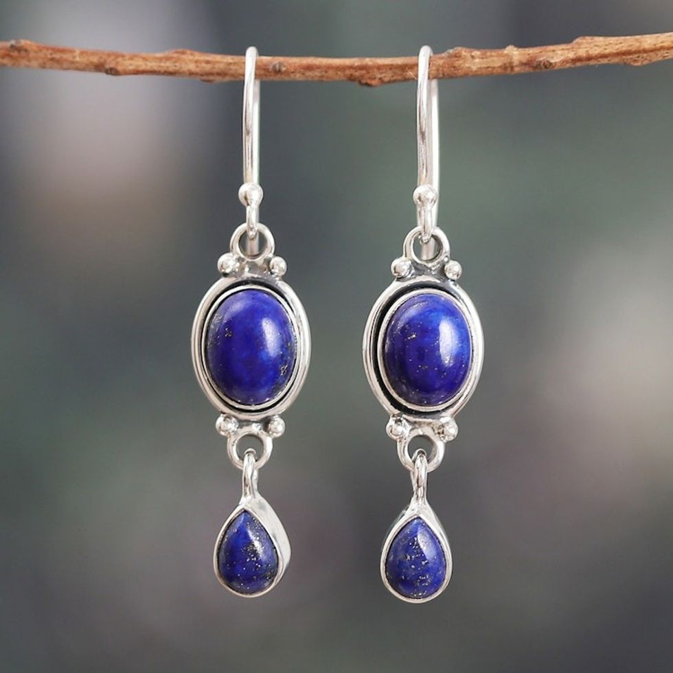 Polished Lapis Lazuli Cabochon Dangle Earrings from India 'Royal Mystery'