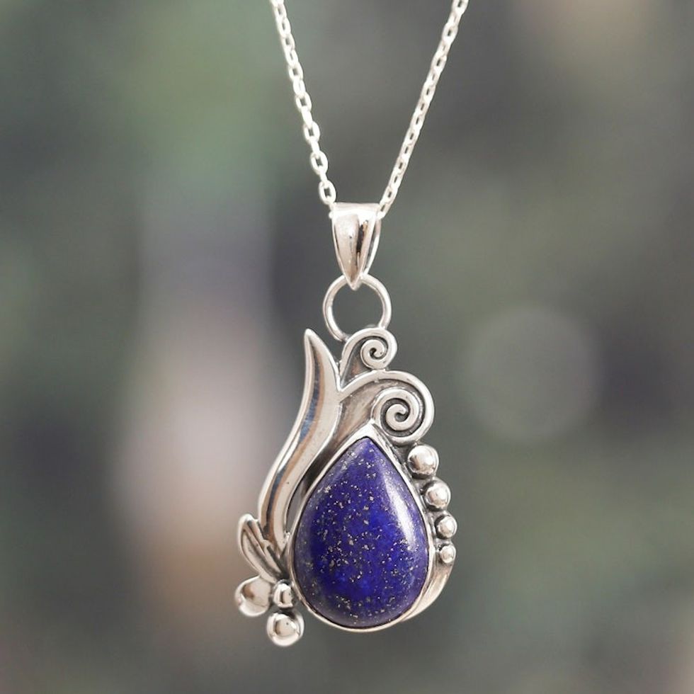 Leafy Polished Sterling Silver Lapis Lazuli Pendant Necklace 'Grand Blue'