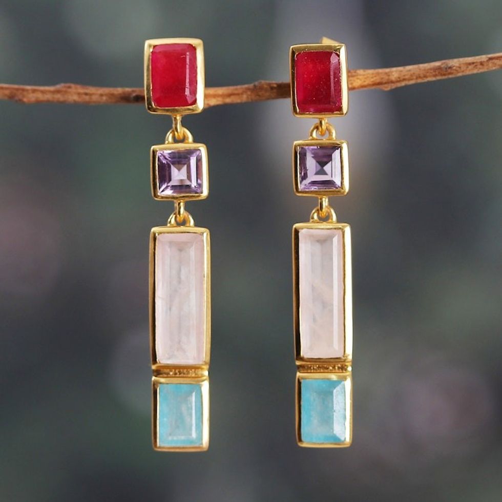 Polished 18k Gold-Plated Multi-Gemstone Dangle Earrings 'Vibrant Me'