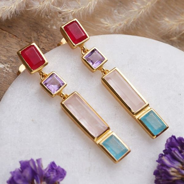 Alternate image for Polished 18k Gold-Plated Multi-Gemstone Dangle Earrings Vibrant Me