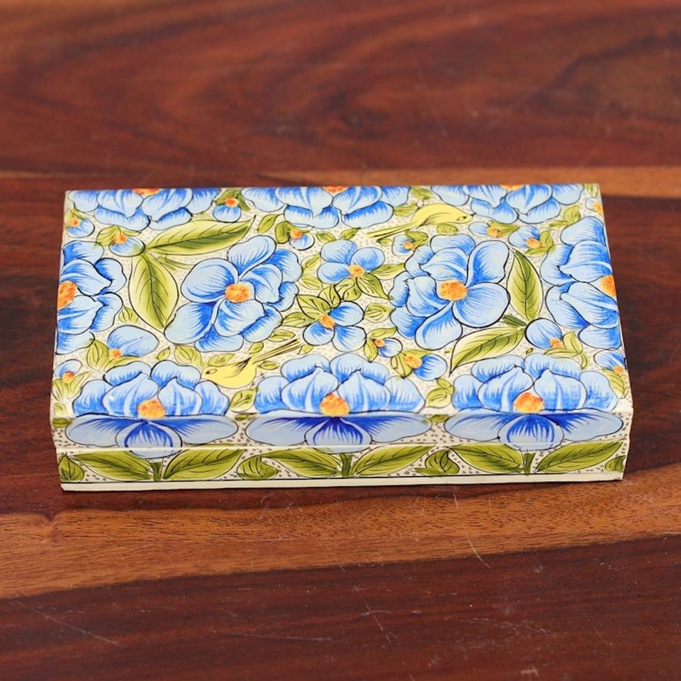 Blue Papier Mache on Wood Floral Leaf Bird Decorative Box 'Blooming Kashmir in Blue'