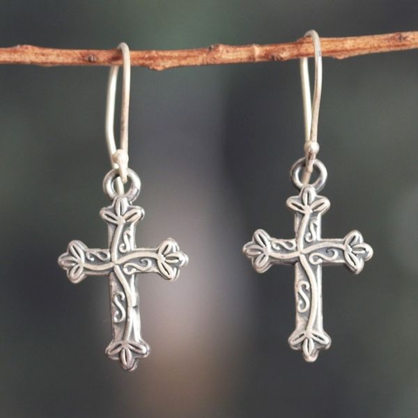 Alternate image for Sterling Silver Cross and Ivy Dangle Earrings from India Leafy Cross