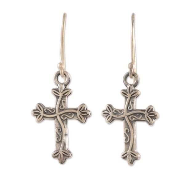 Alternate image for Sterling Silver Cross and Ivy Dangle Earrings from India Leafy Cross