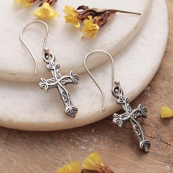 Alternate image for Sterling Silver Cross and Ivy Dangle Earrings from India Leafy Cross