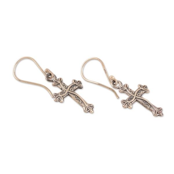 Alternate image for Sterling Silver Cross and Ivy Dangle Earrings from India Leafy Cross