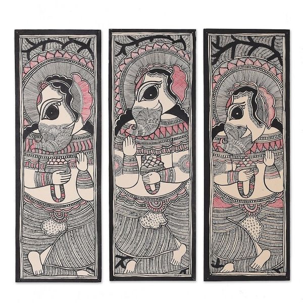 Alternate image for Madhubani Triptych Painting of Hindu God Ganapati Ganesha Ganapati